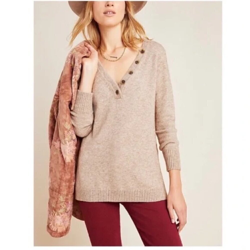 Anthropologie Serena Pullover V-Neck Long Sleeve Tan Beige Sweater Oversized S